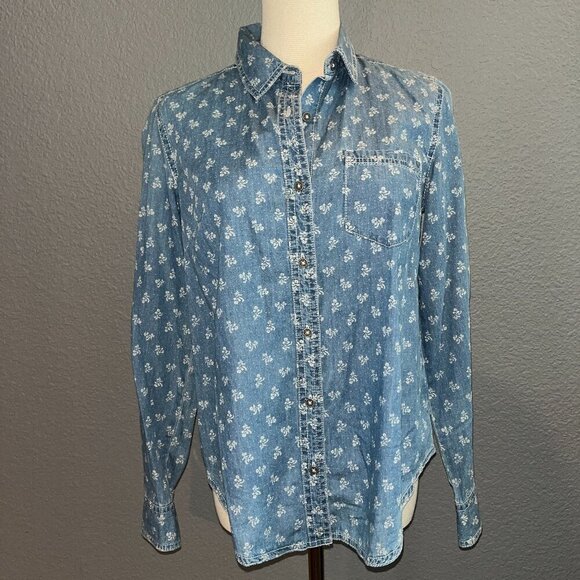 ANTHROPOLOGIE ANTHRO HOLDING HORSES Denim Chambray Ditzy Flower Shirt Top - 2 - Picture 1 of 11